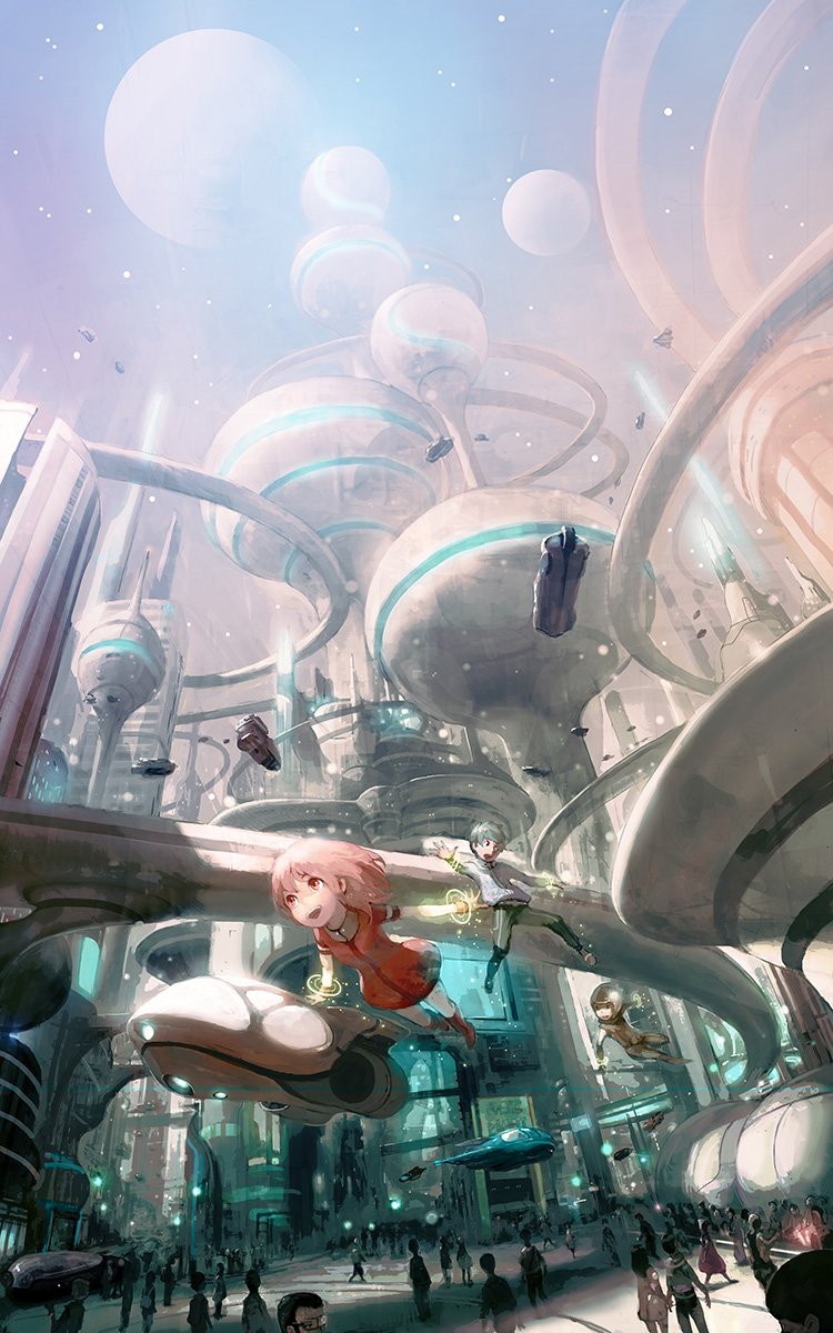 1girl 2boys :d blue_hair city commentary copyright_request crowd dress flying flying_car helmet highres looking_afar moon multiple_boys open_mouth outstretched_arms pink_hair planet red_dress red_eyes saitou_shunsuke scenery science_fiction sky smile space_craft star_(sky) starry_sky