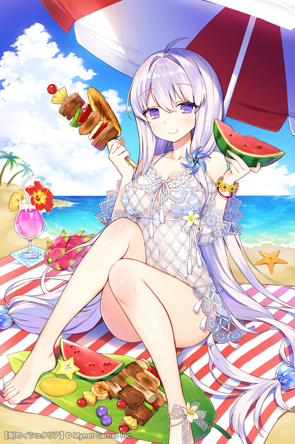 1girl age_of_ishtaria ahoge anklet bare_legs bare_shoulders barefoot beach beach_mat beach_umbrella bikini blue_bikini blue_sky breasts byulzzimon cleavage closed_mouth cloud collarbone day dragon_fruit fishnet_top fishnets flower flower_bracelet food fruit hair_bobbles hair_ornament hands_up hibiscus holding holding_food horizon hurricane_glass jewelry kebab knees_up large_breasts long_hair looking_at_viewer navel ocean official_art outdoors palm_tree purple_eyes side-tie_bikini sitting sky smile solo starfish striped striped_bikini swimsuit tassel thighs tree tropical_drink umbrella very_long_hair watermark watermelon white_hair