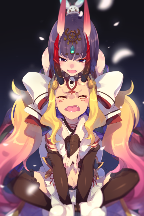 2girls bangs bare_shoulders black_legwear blonde_hair blush bob_cut bow breasts bridal_gauntlets cis05 closed_eyes eyeliner facial_mark fangs fate/grand_order fate_(series) forehead_mark hair_bow hair_pulled_back headpiece horns ibaraki_douji_(fate/grand_order) ibaraki_douji_(swimsuit_lancer)_(fate) indian_style japanese_clothes kimono long_hair makeup miniskirt multiple_girls navel off_shoulder oni oni_horns open_mouth purple_eyes purple_hair purple_kimono short_eyebrows short_hair shuten_douji_(fate/grand_order) sidelocks sitting skin-covered_horns skirt small_breasts smile swimsuit tattoo thighhighs tongue tongue_out twintails very_long_hair white_bow white_skirt white_swimsuit yellow_eyes