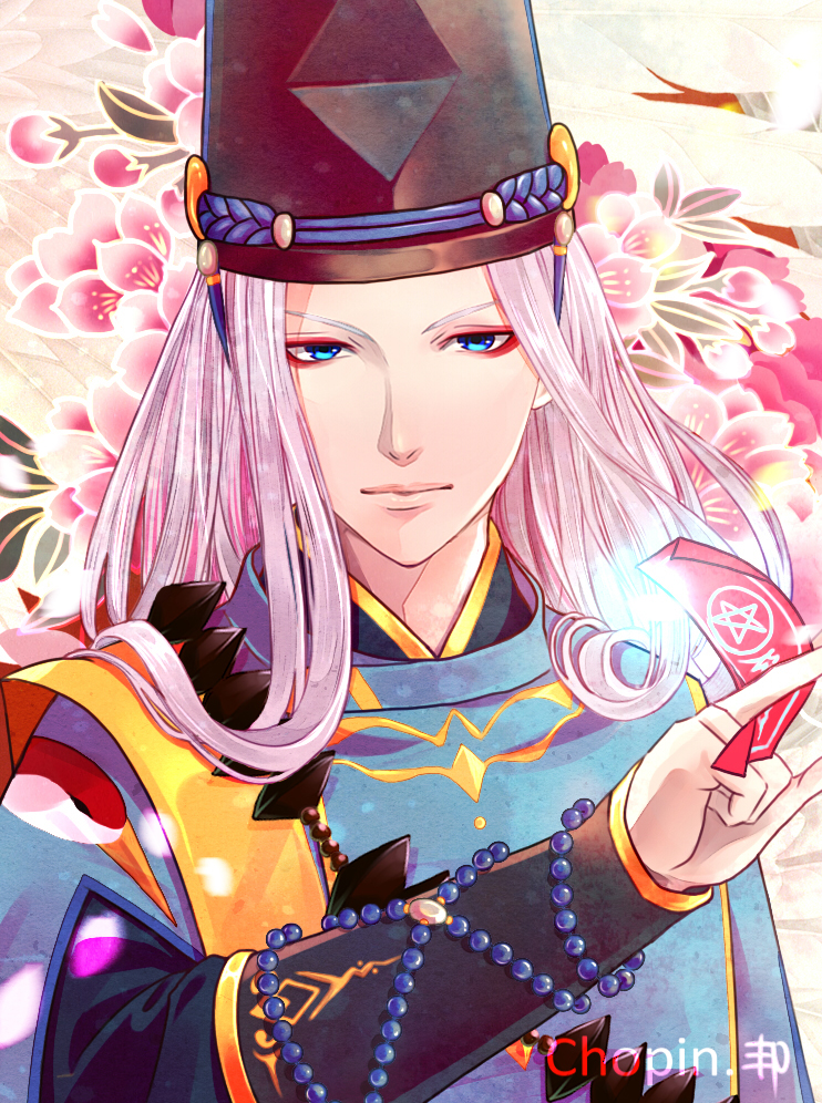 1boy abe_no_seimei_(onmyoji) artist_name beads blue_eyes chinese_clothes chopin510 closed_mouth collar eyeshadow floral_background flower hat holding jewelry long_hair long_sleeves looking_at_viewer makeup male_focus onmyoji pink_flower solo tate_eboshi upper_body white_hair