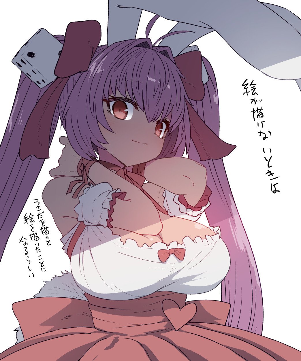 1girl animal_ears bangs blush bow breasts bunny_ears bunny_tail choker cleavage closed_mouth di_gi_charat dice dice_hair_ornament dress eyelashes frilled_dress frills hair_ornament heart highres large_breasts long_hair pink_hair red_eyes ribbon ribbon_choker simple_background solo sumiyao_(amam) tail translation_request twintails usada_hikaru white_background