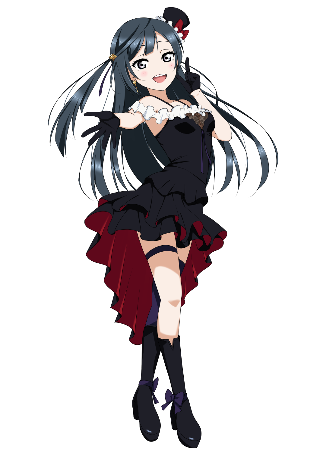 1girl :d bangs black_dress black_eyes black_footwear black_gloves black_hair black_headwear bow breasts dress earrings floating_hair gloves hair_ornament hairclip hat hat_bow highres index_finger_raised jewelry layered_dress long_hair looking_at_viewer love_live! love_live!_school_idol_project medium_breasts open_mouth outstretched_arm outstretched_hand perfect_dream_project purple_bow purple_legwear red_bow shiny shiny_hair short_dress simple_background single_thighhigh sleeveless sleeveless_dress smile solo standing tentenkorori thigh_strap thighhighs very_long_hair white_background yuuki_setsuna_(love_live!)