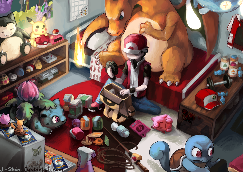 1boy amiibo backpack bag barbell bed brown_hair bulbasaur charizard charmander chinchou clefairy colander commentary eevee elixir english_commentary evolution_stone fishing_rod fossil gengar hat holding ivysaur j-stein jacket jigglypuff king's_rock male_focus mewtwo nidorino pikachu poke_flute pokedex pokemon pokemon_(creature) pokemon_frlg pokemon_rgby pokemon_tcg potion_(pokemon) rare_candy red_(pokemon) red_hat red_jacket snorlax squirtle sun_stone tm_(pokemon)