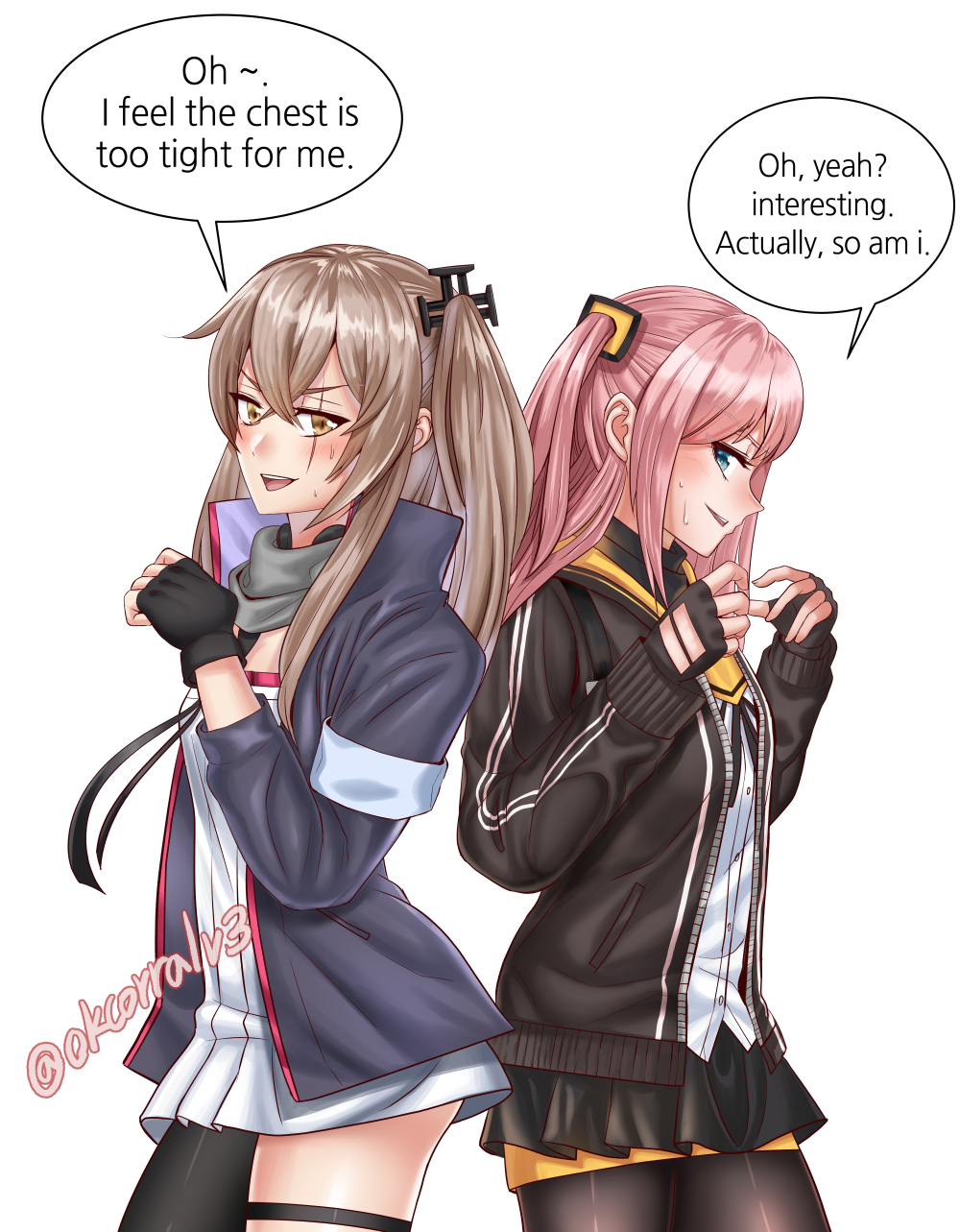 2girls blush breast_conscious breasts brown_hair cosplay costume_switch english_text fingerless_gloves girls_frontline gloves highres multiple_girls o.k.corral pantyhose pink_hair scar scar_across_eye small_breasts speech_bubble st_ar-15_(girls_frontline) st_ar-15_(girls_frontline)_(cosplay) twitter_username ump45_(girls_frontline) ump45_(girls_frontline)_(cosplay)