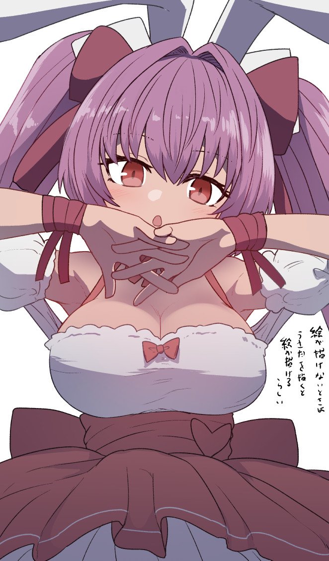 1girl animal_ears bangs blush bow breasts bunny_ears choker cleavage di_gi_charat dice dice_hair_ornament dress eyebrows_visible_through_hair eyelashes hair_ornament heart interlocked_fingers large_breasts long_hair open_mouth pink_hair red_eyes ribbon ribbon_choker simple_background solo sumiyao_(amam) translation_request twintails usada_hikaru white_background