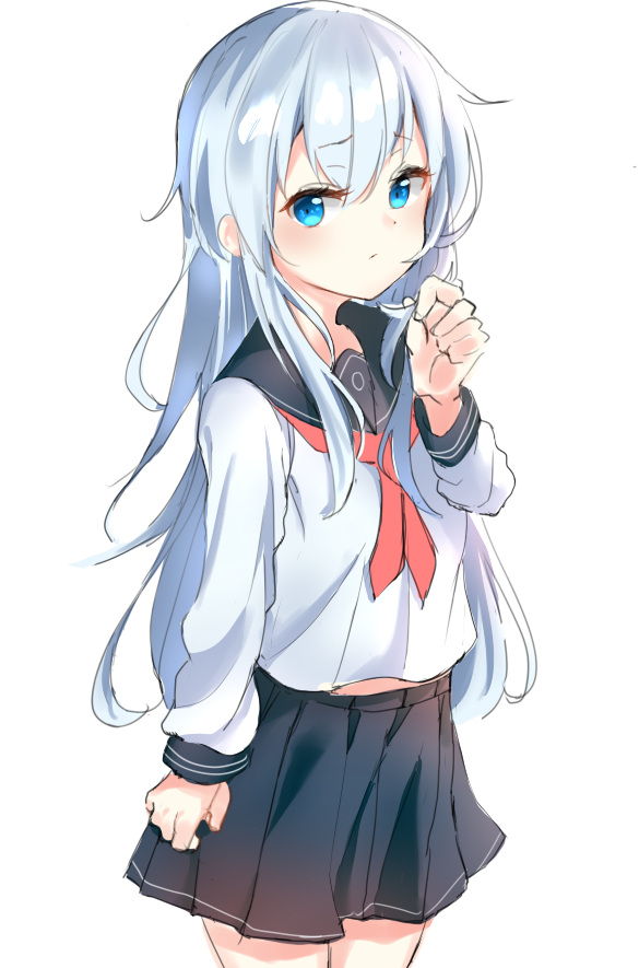 1girl black_sailor_collar blue_eyes blush closed_mouth eyebrows_visible_through_hair hair_between_eyes hibiki_(kantai_collection) holding holding_hair kantai_collection long_hair long_sleeves looking_at_viewer neckerchief pleated_skirt sailor_collar school_uniform serafuku silver_hair simple_background skirt solo tachibana_(x_quick) thighhighs white_background