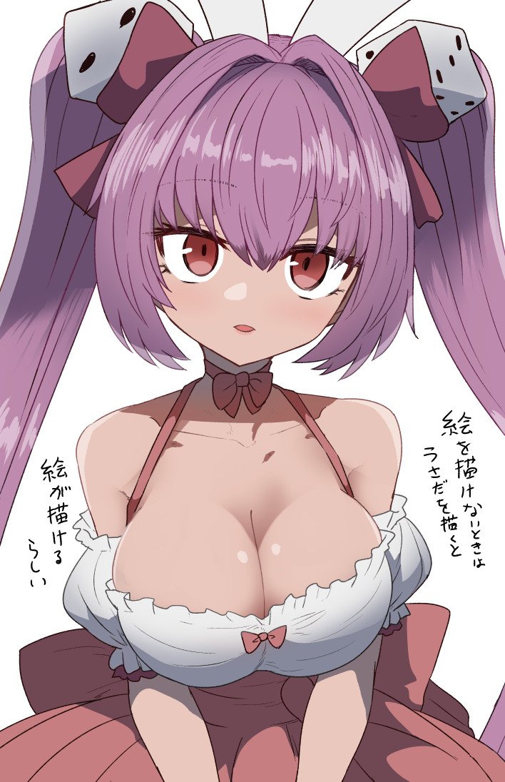1girl animal_ears bangs blush bow breasts bunny_ears choker cleavage di_gi_charat dice dice_hair_ornament dress eyebrows_visible_through_hair eyelashes frilled_dress frills hair_ornament large_breasts long_hair looking_at_viewer open_mouth pink_hair red_eyes ribbon ribbon_choker simple_background solo sumiyao_(amam) translation_request twintails usada_hikaru white_background