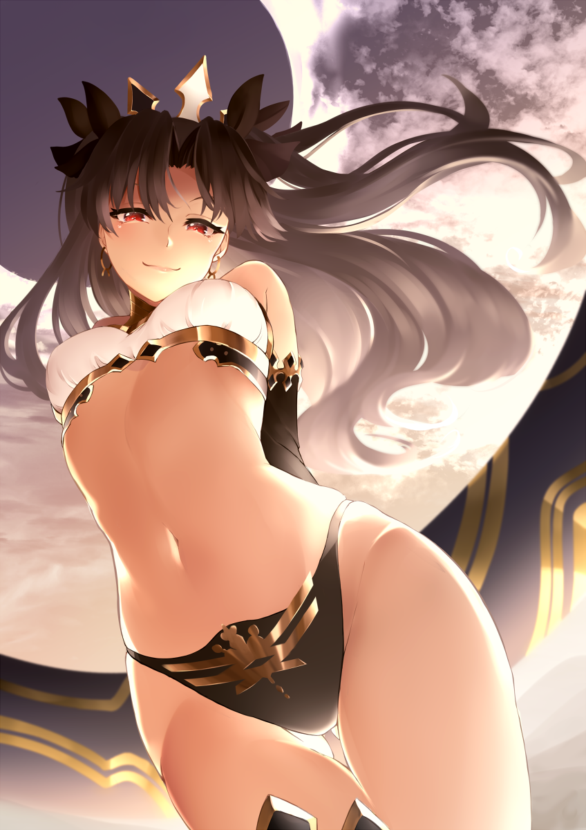 1girl armlet asymmetrical_legwear asymmetrical_sleeves backlighting bangs bare_shoulders black_bikini_bottom black_hair blush bow breasts closed_mouth detached_collar detached_sleeves earrings fate/grand_order fate_(series) hair_bow highres ishtar_(fate/grand_order) jewelry koruta_(nekoimo) long_hair looking_at_viewer navel neck_ring parted_bangs red_eyes single_detached_sleeve single_thighhigh smile solo thighhighs thighs tiara two_side_up white_bikini_top
