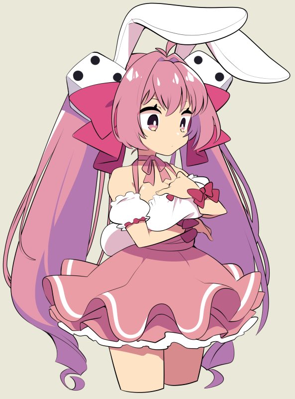 1girl adjusting_clothes animal_ears bangs bare_shoulders breasts bunny_ears choker cleavage closed_mouth cropped_legs di_gi_charat dice dice_hair_ornament dress frilled_dress frills hair_ornament hair_ribbon heart large_breasts long_hair mzh pink_eyes pink_hair pink_neckwear ribbon ribbon_choker simple_background solo twintails usada_hikaru