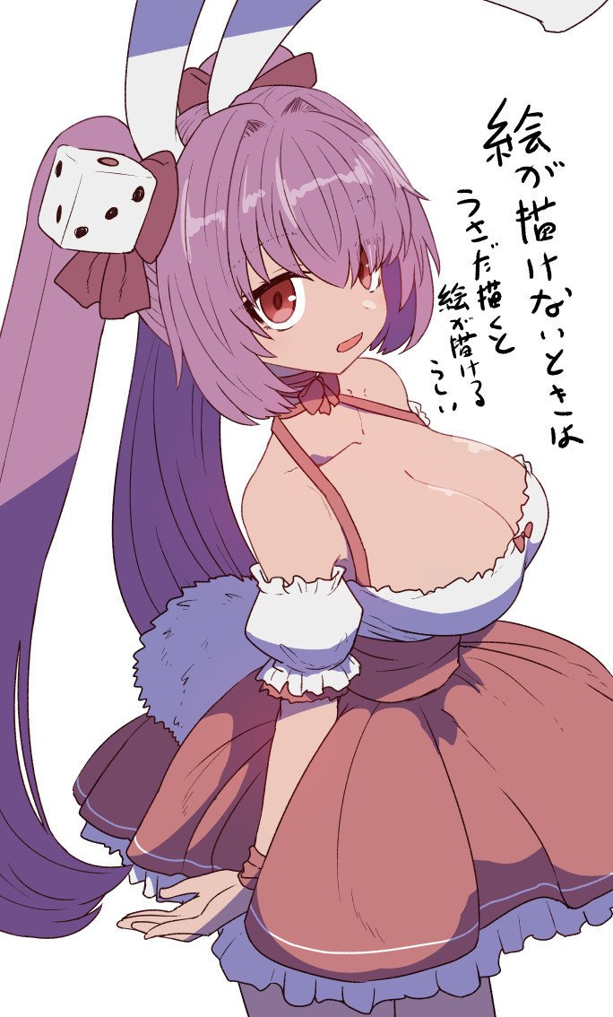 1girl animal_ears bangs blush bow breasts bunny_ears bunny_tail choker cleavage collarbone di_gi_charat dice dice_hair_ornament dress eyebrows_visible_through_hair frilled_dress frills hair_bow hair_ornament large_breasts long_hair looking_at_viewer open_mouth pink_hair red_eyes ribbon_choker simple_background solo sumiyao_(amam) tail translated twintails usada_hikaru white_background