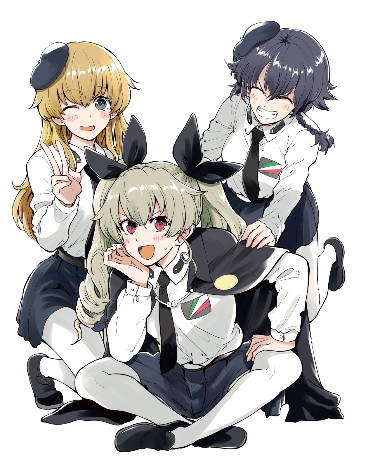 3girls anchovy anzio_school_uniform bangs belt beret black_belt black_cape black_footwear black_hair black_headwear black_neckwear black_ribbon black_skirt blush bonkara_(sokuseki_maou) braid cape carpaccio chin_rest commentary dress_shirt drill_hair emblem eyebrows_visible_through_hair facing_viewer girls_und_panzer green_eyes green_hair grin hair_ribbon hand_on_another's_shoulder hand_on_own_knee hat highres indian_style kneeling loafers long_hair long_sleeves looking_at_viewer miniskirt multiple_girls necktie one_eye_closed open_mouth pantyhose pepperoni_(girls_und_panzer) pleated_skirt red_eyes ribbon school_uniform shirt shoes short_hair side_braid simple_background sitting skirt smile sweatdrop twin_drills twintails v white_background white_legwear white_shirt