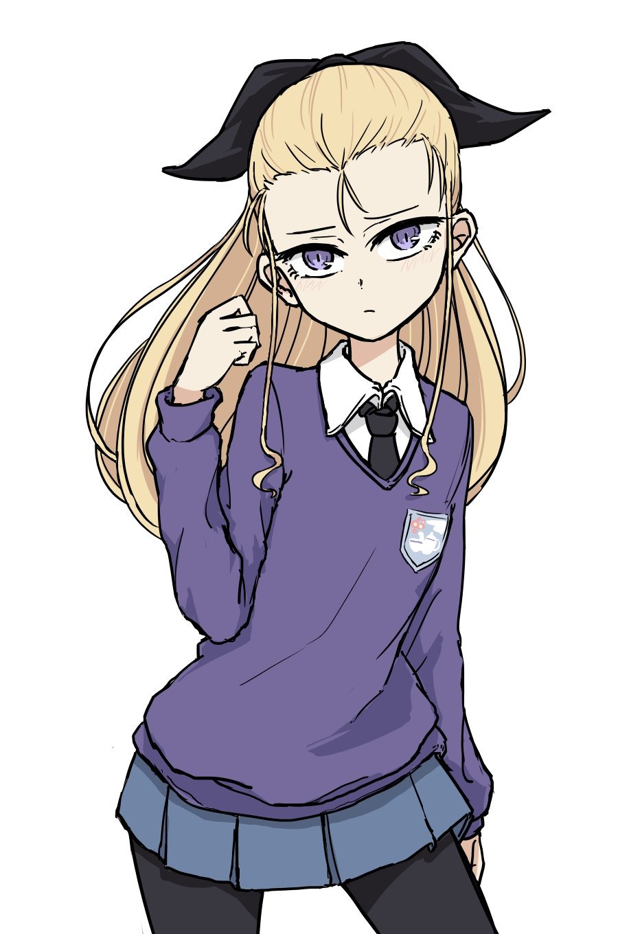 1girl assam black_legwear black_neckwear black_ribbon blonde_hair blue_eyes blue_skirt blue_sweater closed_mouth commentary cowboy_shot dress_shirt emblem frown girls_und_panzer hair_pulled_back hair_ribbon hand_in_hair head_tilt highres leaning_to_the_side light_blush long_hair long_sleeves looking_at_viewer miniskirt necktie pantyhose pleated_skirt ribbon school_uniform shirt simple_background skirt solo st._gloriana's_(emblem) st._gloriana's_school_uniform standing sweater takedabu v-neck white_background white_shirt wing_collar