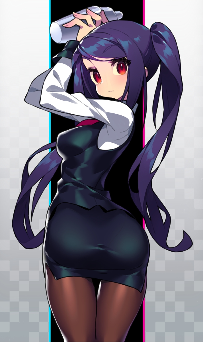 1girl arms_up ass back black_legwear breasts cocktail_shaker eyebrows_visible_through_hair formal highres itsumo_nokoru jill_stingray long_hair looking_at_viewer looking_back necktie orange_eyes pantyhose pantylines pencil_skirt purple_hair skirt skirt_suit solo suit twintails uniform va-11_hall-a vest