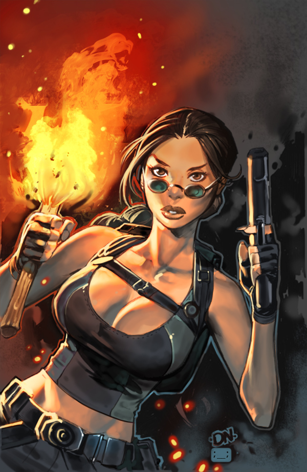 1girl belt belt_pouch black_gloves braid breasts brown_eyes brown_hair chuck_pires cleavage collaboration colorized commentary crop_top david_nakayama english_commentary finger_on_trigger fingerless_gloves fire forehead glasses gloves gun handgun holding holding_gun holding_weapon lara_croft large_breasts lips long_braid long_hair midriff nose pince-nez pistol pouch single_braid solo sunglasses tank_top tomb_raider torch weapon