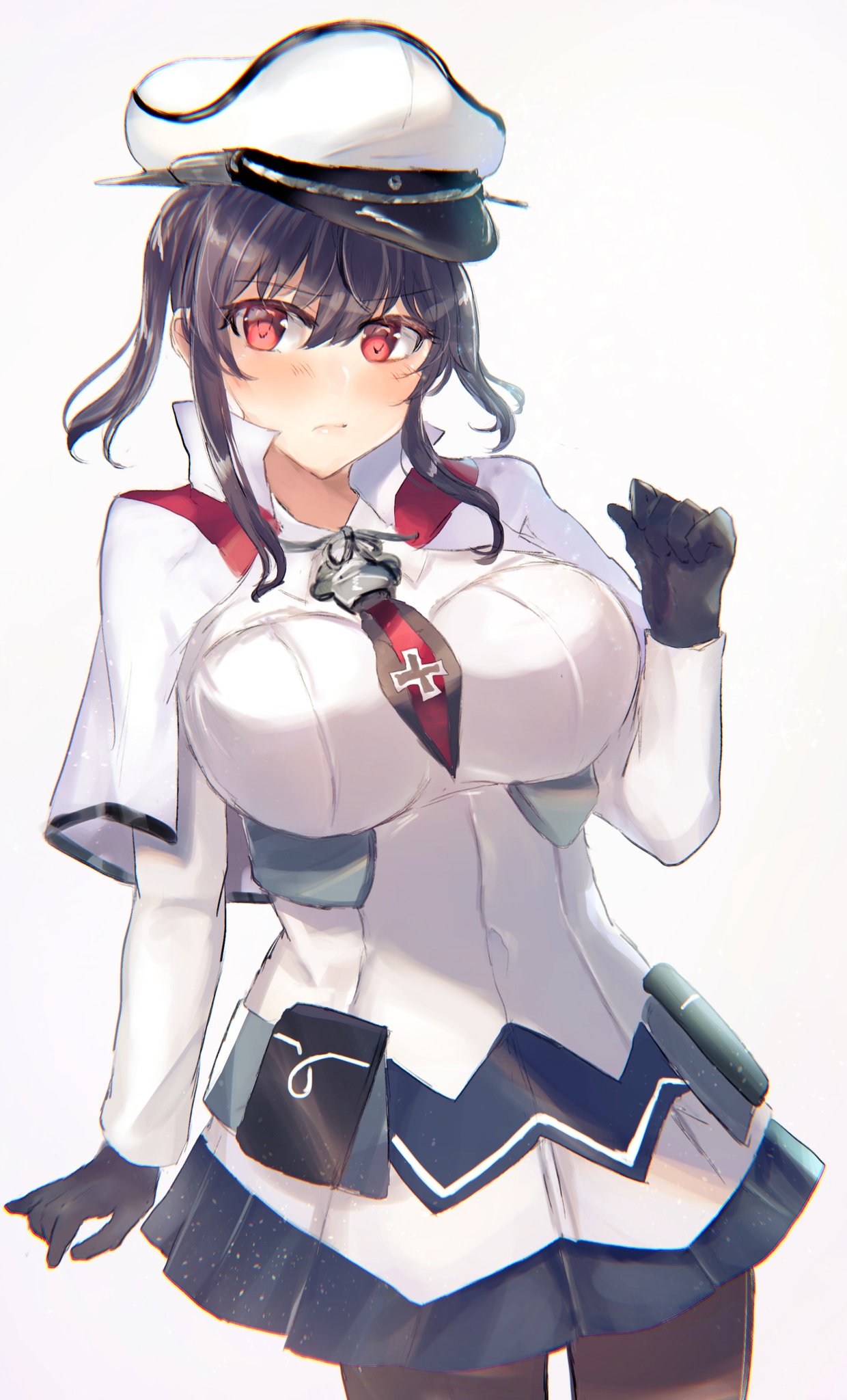 1girl alternate_hairstyle black_gloves black_hair black_legwear black_skirt breasts capelet cosplay cowboy_shot gloves graf_zeppelin_(kantai_collection) graf_zeppelin_(kantai_collection)_(cosplay) hat highres iron_cross kantai_collection large_breasts military military_hat military_uniform miniskirt miyako_(00727aomiyako) necktie pantyhose peaked_cap red_eyes short_hair simple_background skirt solo standing twintails uniform white_background yamashiro_(kantai_collection)