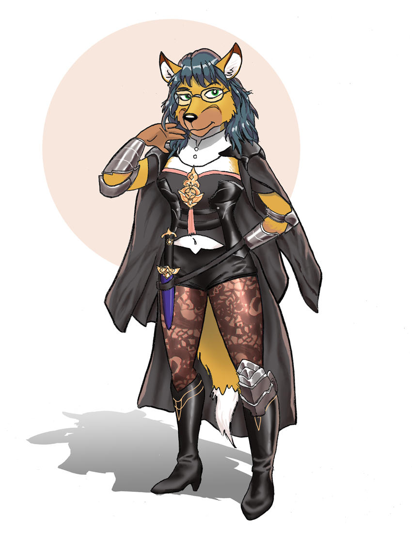 2019 anthro armor blue_hair boots bottomwear canid canine cape cheek_tuft clothing cosplay dipstick_tail eyewear face_tuft fire_emblem footwear fox fur glasses gloves_(marking) green_eyes hair hand_behind_back inner_ear_fluff kittfur_(character) knife legwear looking_at_viewer mammal markings multicolored_body multicolored_fur multicolored_tail nintendo rabbi-tom shorts simple_background smile solo standing stockings tuft two_tone_body two_tone_fur vambraces video_games