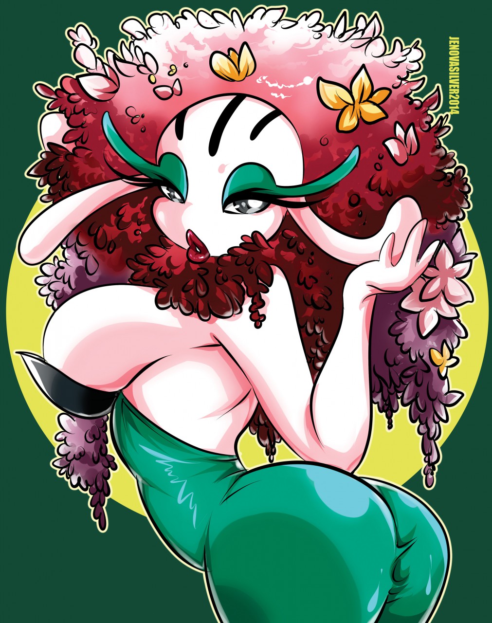 2014 anthro breasts butt eyelashes female flora_fauna florges flower green_background hi_res jenovasilver lips lipstick makeup nintendo plant pok&eacute;mon pok&eacute;mon_(species) portrait pursed_lips red_lipstick simple_background solo three-quarter_portrait video_games