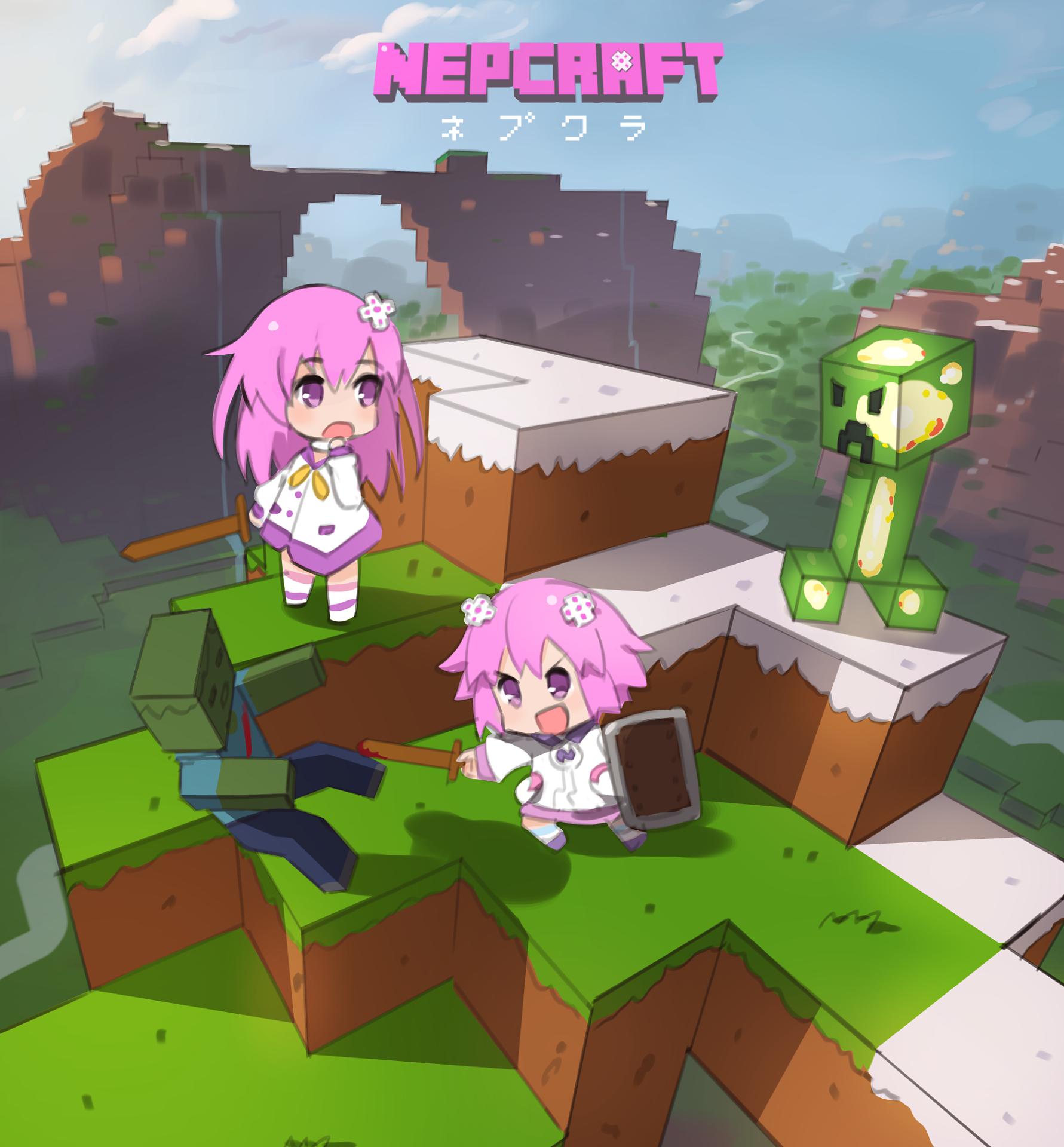 2girls battle chibi creeper d-pad d-pad_hair_ornament hair_ornament highres hood hoodie long_hair minecraft multiple_girls nepgear neptune_(neptune_series) neptune_(series) open_mouth parody purple_eyes purple_hair sendrawz shield short_hair sword undead weapon wooden_sword zombie_(minecraft)