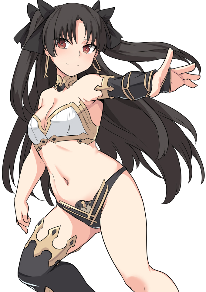 1girl armlet asymmetrical_legwear asymmetrical_sleeves bangs black_bikini_bottom black_bow black_hair blush bow breasts bridal_gauntlets cleavage commentary_request detached_sleeves earrings fate/grand_order fate_(series) hair_bow hoop_earrings ishtar_(fate/grand_order) jewelry long_hair looking_at_viewer medium_breasts navel neck_ring outstretched_arm parted_bangs red_eyes shiseki_hirame simple_background single_detached_sleeve single_thighhigh smile solo thighhighs thighs tiara two_side_up white_background white_bikini_top