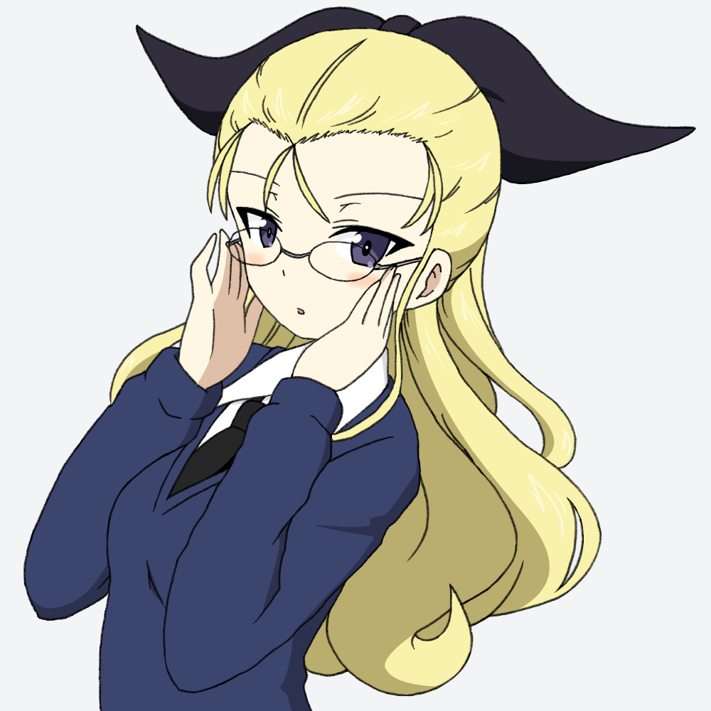 1girl adjusting_eyewear assam bespectacled black_neckwear black_ribbon blonde_hair blue_eyes blue_sweater commentary dress_shirt girls_und_panzer glasses grey_background hair_pulled_back hair_ribbon ichinose_jun light_blush long_hair long_sleeves looking_at_viewer necktie parted_lips ribbon school_uniform shirt simple_background solo st._gloriana's_school_uniform sweater upper_body v-neck white_shirt wing_collar