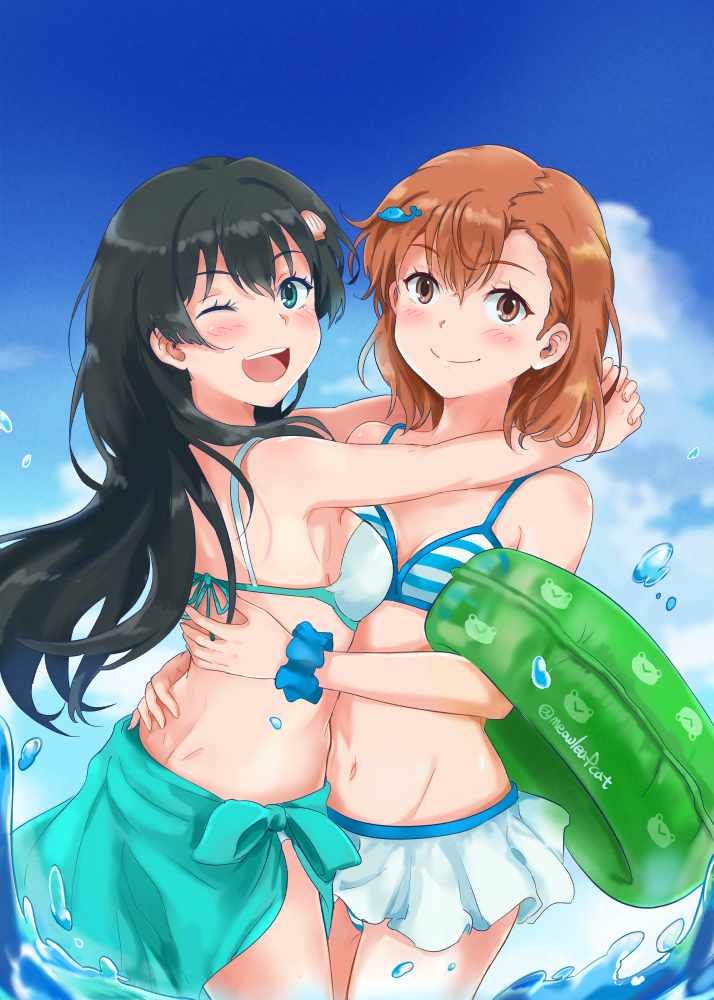 2girls bikini bikini_skirt black_hair blue_scrunchie blue_sky brown_eyes brown_hair cloud cowboy_shot day flower gekota green_eyes green_sarong ha_neko hair_flower hair_ornament hug innertube long_hair misaka_mikoto multiple_girls outdoors sarong saten_ruiko scrunchie short_hair sky striped_bikini_top swimsuit to_aru_kagaku_no_railgun to_aru_majutsu_no_index twitter_username white_bikini wrist_scrunchie