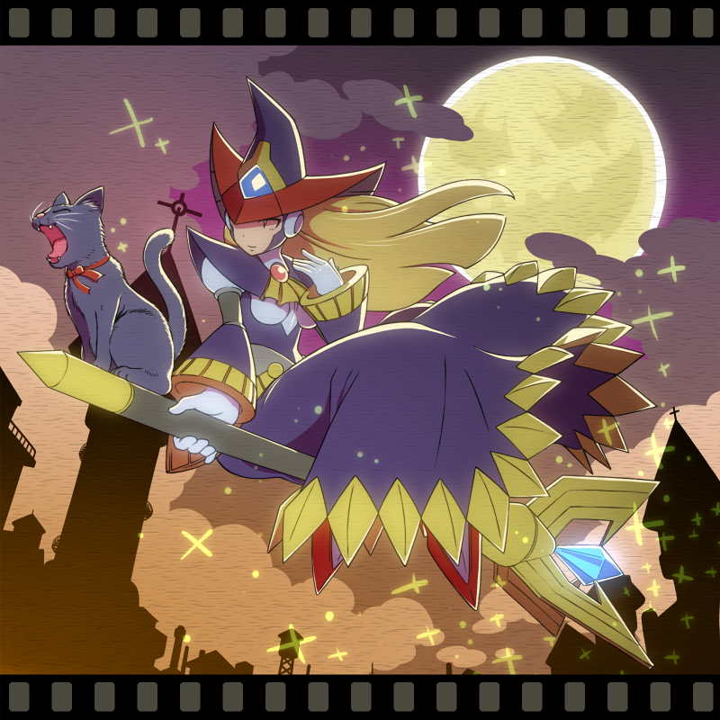 1girl android animal berkana blonde_hair breasts capcom cat cloud dress film_border film_strip full_moon gloves halloween hat light_smile long_hair medium_breasts moon napo night robot_ears rockman rockman_x rockman_x2:_soul_eraser scepter sitting smile solo staff staff_riding white_gloves witch witch_hat yellow_moon
