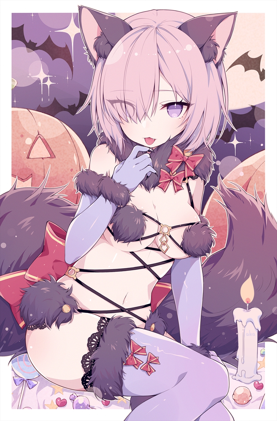 1girl animal_ears bare_shoulders bat blush bow breasts candle candy claws cleavage dangerous_beast fate/grand_order fate_(series) food fukurou_(hvgd5584) full_moon fur-trimmed_gloves fur-trimmed_legwear fur_collar fur_trim gloves hair_over_one_eye halloween_costume highres jack-o'-lantern lace lace-trimmed_legwear large_breasts lavender_hair looking_at_viewer mash_kyrielight moon navel night night_sky o-ring open_mouth pink_bow purple_eyes purple_gloves purple_legwear revealing_clothes short_hair sky solo sparkle tail thighs tongue tongue_out wolf_ears wolf_girl wolf_tail