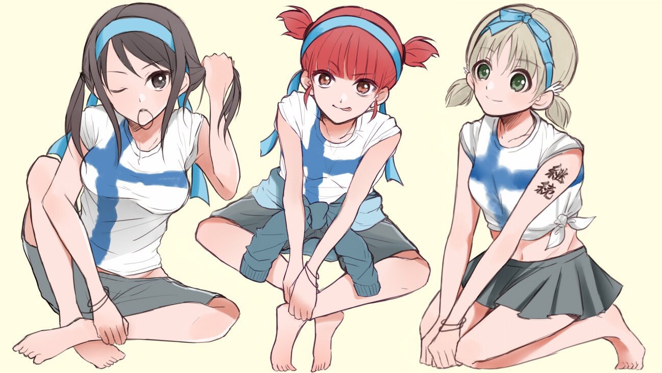 3girls :p adjusting_hair aki_(girls_und_panzer) alternate_headwear bangs barefoot blue_jacket blue_ribbon bracelet brown_eyes brown_hair closed_mouth clothes_around_waist eyebrows_visible_through_hair finnish_flag flag_print girls_und_panzer green_eyes grey_shirt grey_skirt hair_ribbon hair_tie hair_tie_in_mouth hands_on_feet indian_style jacket jacket_around_waist jewelry kneeling light_brown_hair long_hair looking_at_viewer midriff mika_(girls_und_panzer) mikko_(girls_und_panzer) miniskirt mouth_hold multiple_girls one_eye_closed pleated_skirt print_shirt red_eyes red_hair ribbon shiny_anko shirt short_hair short_twintails simple_background sitting skirt smile t-shirt tied_shirt tongue tongue_out twintails white_shirt yellow_background