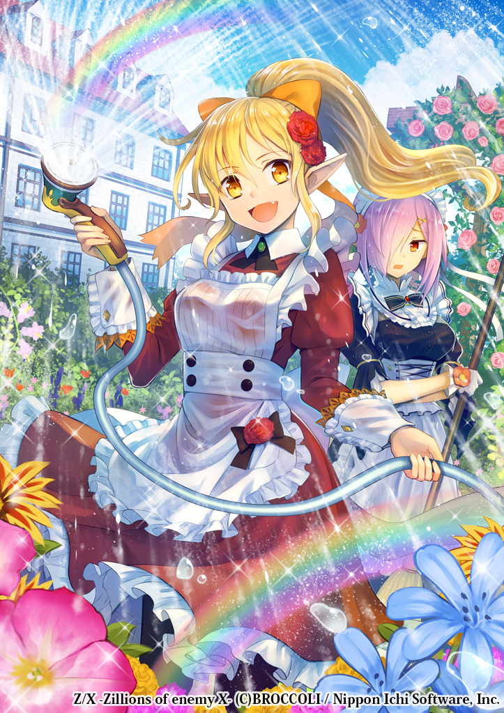 2girls :d annoyed apron black_dress black_legwear blonde_hair blue_flower blush bow broom day dress elf fang floating_hair flower frilled_apron frills garden gloves hair_bow hair_flower hair_ornament hair_over_one_eye hairclip holding holding_broom hose juliet_sleeves long_sleeves looking_at_viewer maid maid_headdress mansion multiple_girls official_art open_mouth orange_bow outdoors pink_flower pink_hair pointy_ears ponytail puffy_sleeves rainbow red_dress red_eyes red_flower red_rose ronce rose rose_bush see-through short_hair short_sleeves sidelocks smile splashing standing waist_apron water white_apron white_gloves x_hair_ornament yellow_eyes z/x