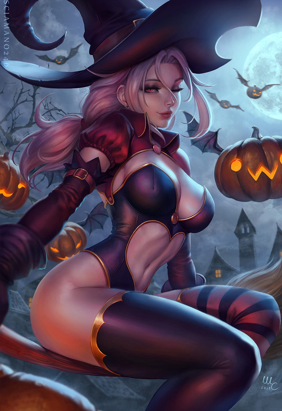 1girl artist_name bangs blush breasts broom broom_riding cleavage cloud cloudy_sky commentary detached_sleeves full_moon hat heart_cutout highres jack-o'-lantern jewelry large_breasts leotard lips long_hair looking_at_viewer low_ponytail mismatched_legwear moon night original parted_lips pink_hair puffy_short_sleeves puffy_sleeves purple_legwear purple_leotard red_eyes sciamano240 short_sleeves shrug_(clothing) sidelocks signature sky smile solo striped striped_legwear thighhighs witch witch_hat