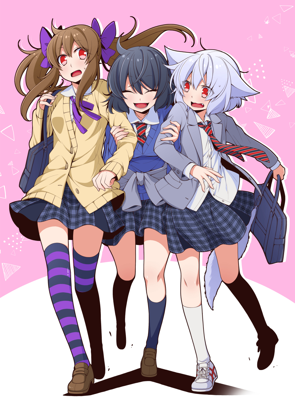 3girls :d ^_^ alternate_costume animal_ears arm_grab bag bangs black_hair black_legwear blazer blue_cardigan blue_skirt blush bow brown_footwear brown_hair cardigan closed_eyes clothes_around_waist commentary_request contemporary diagonal_stripes eichi_yuu eyebrows_visible_through_hair fang full_body grabbing grey_jacket hair_between_eyes hair_bow hand_up highres himekaidou_hatate holding holding_bag inubashiri_momiji jacket jacket_around_waist kneehighs loafers long_hair long_sleeves looking_at_another miniskirt multiple_girls neck_ribbon necktie no_hat no_headwear open_mouth pink_background plaid plaid_skirt purple_bow purple_legwear purple_neckwear purple_ribbon red_eyes red_neckwear ribbon school_bag school_uniform shadow shameimaru_aya shirt shoes sidelocks skirt smile sneakers striped striped_legwear striped_neckwear sweat thighhighs thighs touhou twintails two-tone_background white_background white_footwear white_legwear white_shirt wolf_ears yellow_cardigan zettai_ryouiki