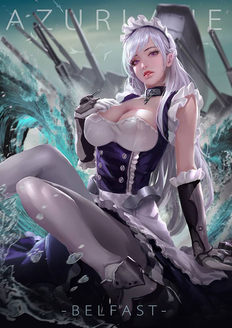 1girl azur_lane belfast_(azur_lane) braid breasts broken broken_chain cglas chain character_name cleavage collar copyright_name gloves large_breasts long_hair looking_at_viewer maid maid_headdress outdoors parted_lips purple_eyes ship silver_hair sitting solo turret water watercraft white_gloves white_legwear