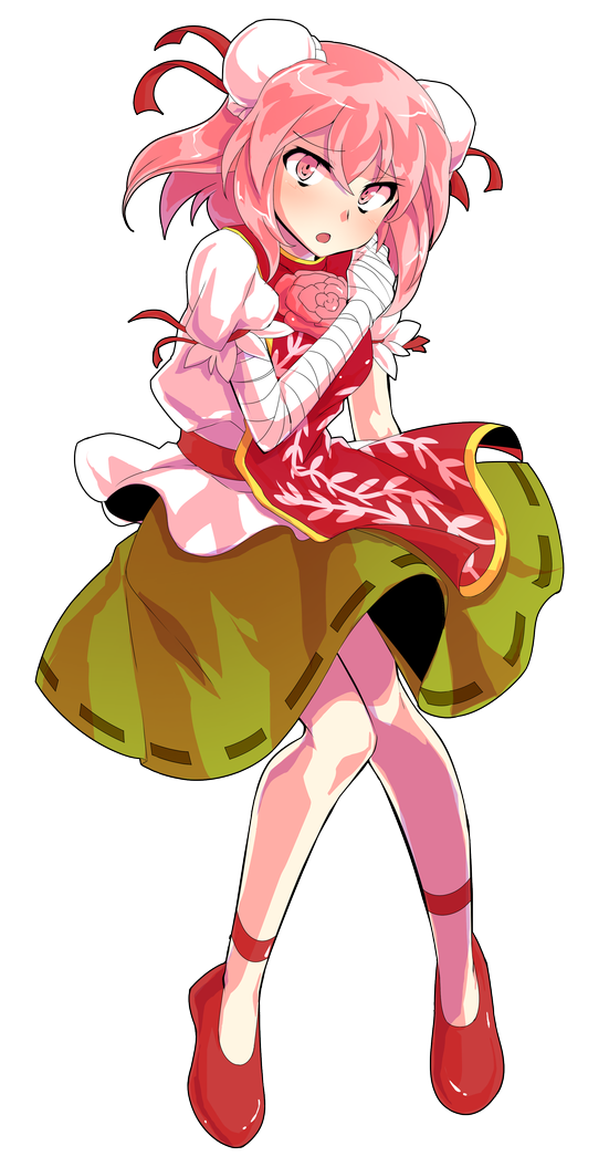 1girl bandaged_arm bandages breasts bun_cover commentary dairi double_bun flower full_body green_skirt hair_between_eyes hair_bun hand_up ibaraki_kasen knees_together_feet_apart large_variant_set looking_at_viewer medium_breasts medium_hair open_mouth pink_eyes pink_flower pink_hair print_tabard puffy_short_sleeves puffy_sleeves red_ribbon red_shoes red_tabard ribbon shirt shoes short_sleeves skirt solo standing tabard tachi-e thighs touhou variant_set white_shirt