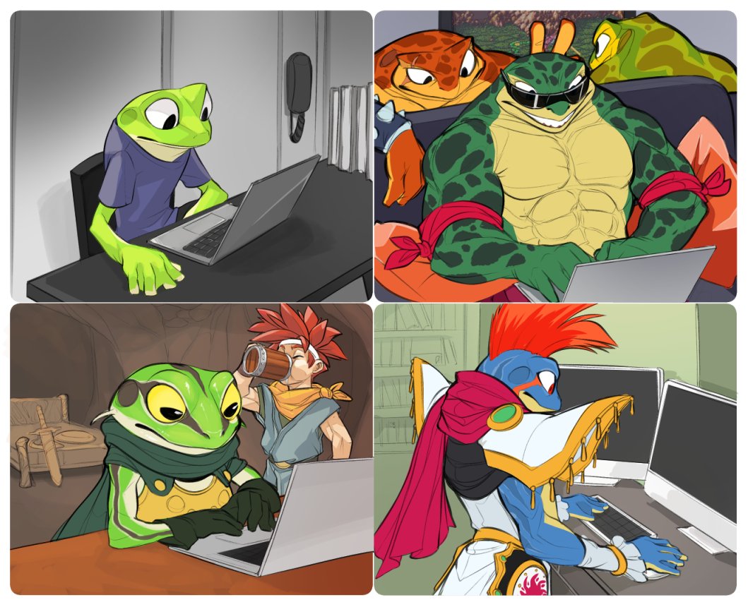 amphibian battletoads breath_of_fire capcom chrono_trigger computer crono elranno frog glenn_(chrono_trigger) jean_(breath_of_fire) laptop meme pimple_(battletoads) rareware rash_(battletoads) square_enix video_games zitz_(battletoads)