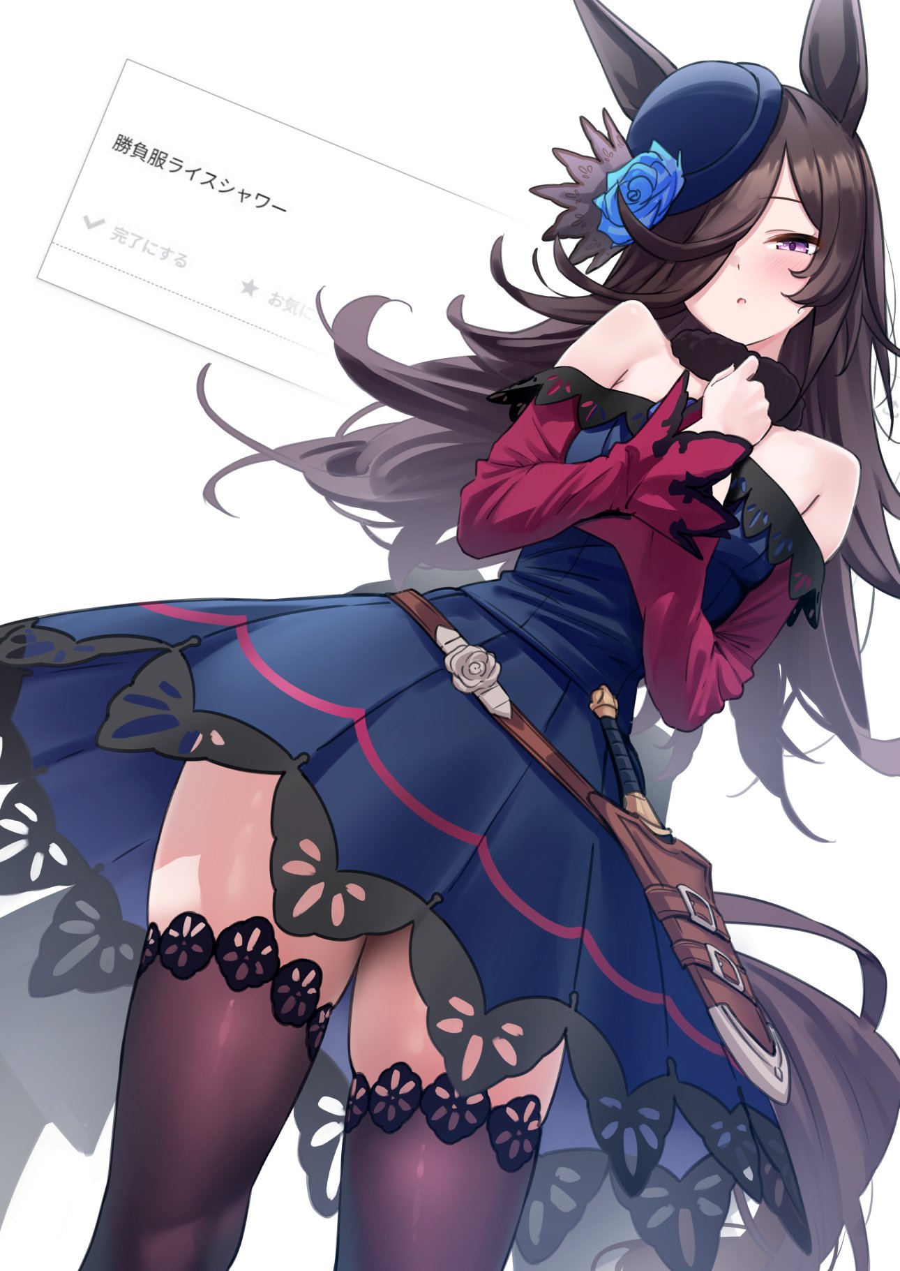 1girl animal_ears bare_shoulders black_thighhighs blue_dress blue_flower blue_hat blue_rose blush commentary_request dress flat_chest flower hair_over_one_eye hat hat_flower herohero_(higashi_no_dou) highres horse_ears horse_girl horse_tail knife_sheath long_hair looking_at_viewer off-shoulder_dress off_shoulder open_mouth purple_eyes request_inset rice_shower_(umamusume) rose sheath simple_background skindentation solo tail thighhighs thighs tilted_headwear umamusume white_background zettai_ryouiki