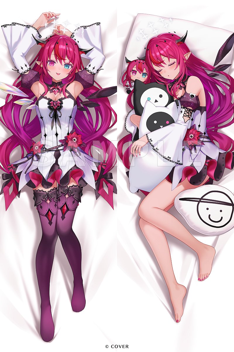 1girl :p armpits arms_up barefoot bed_sheet bloom_(irys) blue_eyes breasts brooch cleavage cleavage_cutout closed_eyes clothing_cutout commentary_request copyright_notice crystal_wings dakimakura_(medium) detached_sleeves double-parted_bangs double_halo dress dress_flower flower full_body gloom_(irys) guyrys hair_between_eyes halo heart heart_brooch heterochromia highres hololive hololive_english horns irys_(hololive) irys_(irys_2.0)_(hololive) jewelry juliet_sleeves long_hair long_sleeves looking_at_viewer low-tied_long_hair lying miniskirt momoshiki_tsubaki multicolored_hair nail_polish official_art on_back pink_eyes pointy_ears puffy_sleeves purple_hair purple_skirt purple_thighhighs red_hair sample_watermark short_dress skirt skirt_under_dress sleeping sleeveless sleeveless_dress star_halo streaked_hair thighhighs toenail_polish toenails tongue tongue_out very_long_hair virtual_youtuber watermark white_dress white_sleeves wide_sleeves