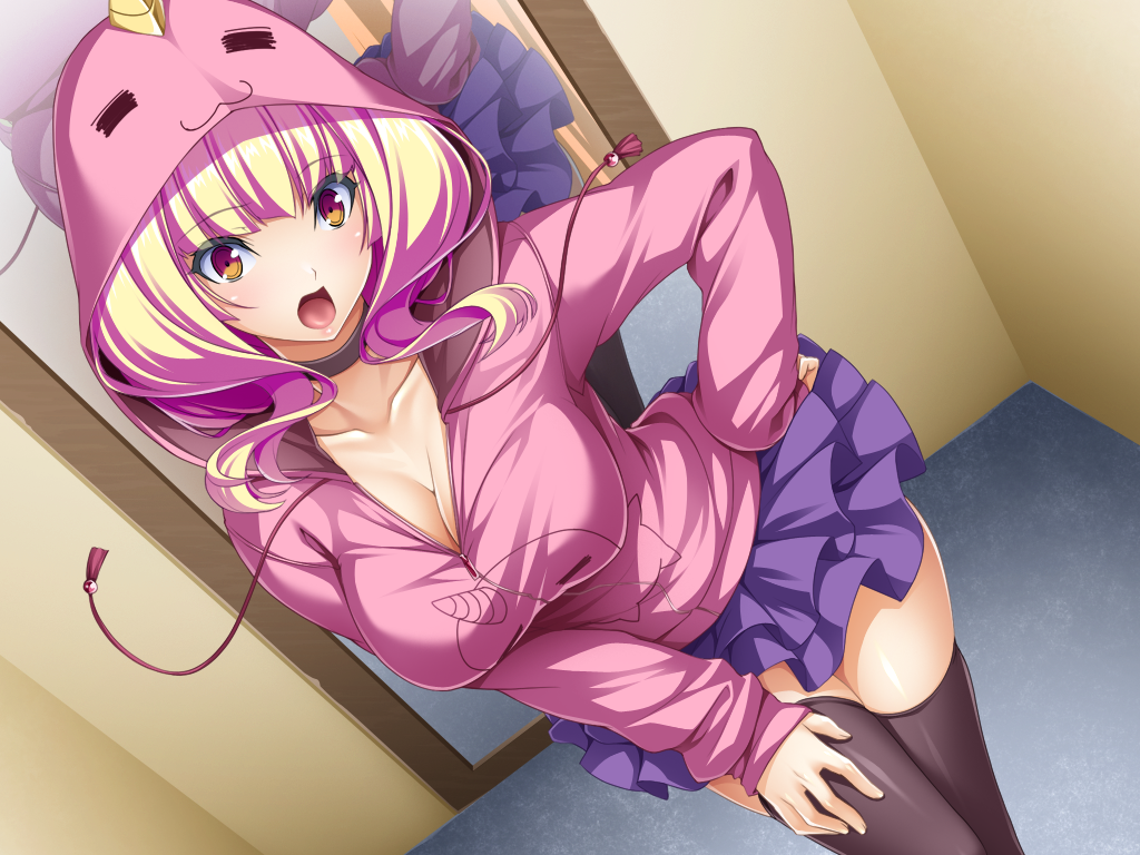 1girl :3 azarin_(kouyoku_senki_exs-tia) black_thighhighs blonde_hair blue_skirt blunt_bangs breasts choker cleavage collarbone dutch_angle fitting_room frilled_skirt frills game_cg hand_on_own_hip hand_on_own_thigh hood hood_up hooded_jacket hooded_sweater hoodie indoors inoino jacket kouyoku_senki_exs-tia large_breasts layered_skirt leaning_forward long_hair long_sleeves looking_at_viewer miniskirt mirror multicolored_hair non-web_source official_art open_mouth pink_hair pink_jacket pleated_skirt purple_skirt reflection shiny_clothes shiny_skin skirt solo standing sweater thighhighs two-tone_hair variant_set yellow_eyes zettai_ryouiki