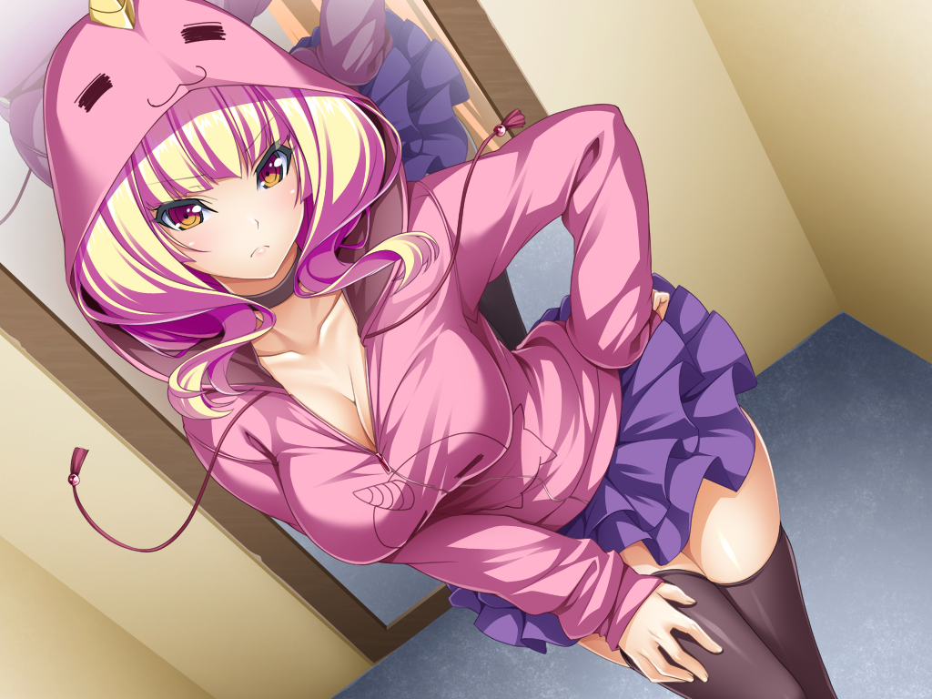 1girl :3 animal_hood azarin_(kouyoku_senki_exs-tia) black_thighhighs blonde_hair blue_skirt blunt_bangs blush breasts choker cleavage closed_mouth collarbone dutch_angle fitting_room frilled_skirt frills frown game_cg hand_on_own_hip hand_on_own_thigh hood hood_up hooded_jacket hooded_sweater hoodie horns indoors inoino jacket kouyoku_senki_exs-tia large_breasts layered_skirt leaning_forward long_hair long_sleeves looking_at_viewer miniskirt mirror multicolored_hair non-web_source official_art pink_hair pink_jacket pleated_skirt purple_skirt reflection shiny_clothes shiny_skin skirt solo standing sweater thighhighs two-tone_hair v-shaped_eyebrows variant_set yellow_eyes zettai_ryouiki