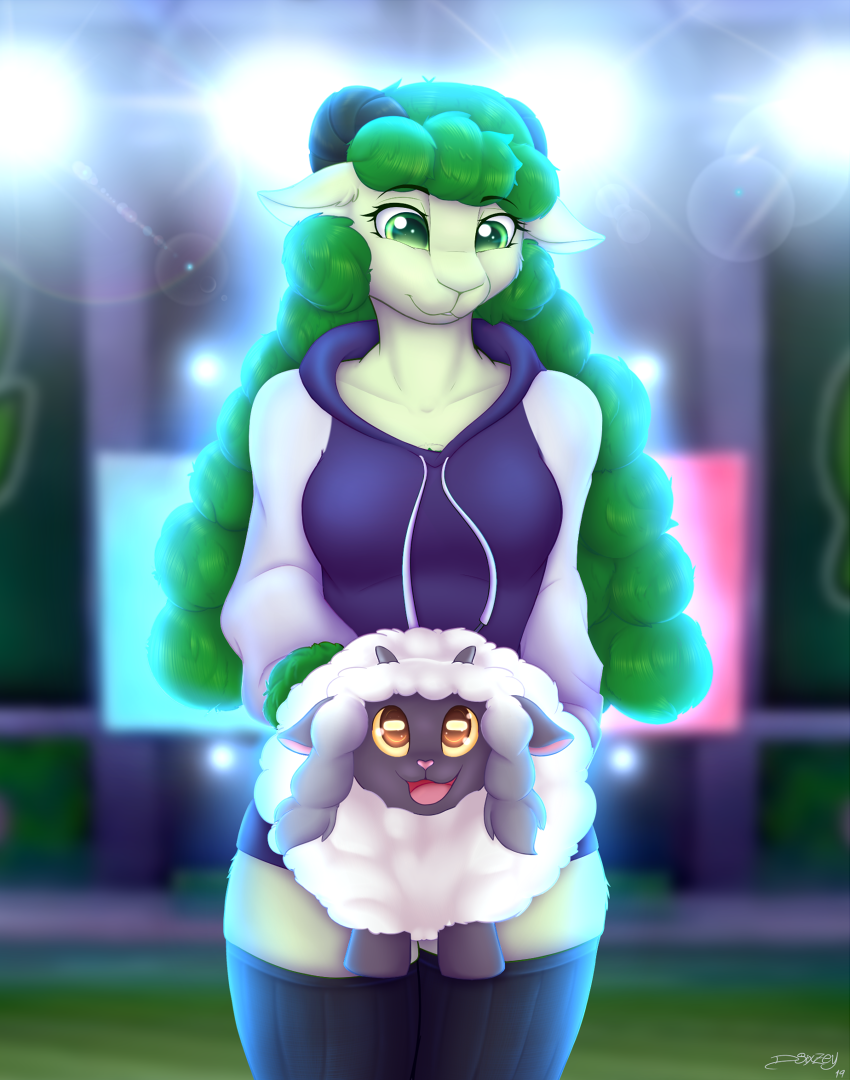 2019 anthro bovid caprine clothing detailed_background dsixzey female hoodie horn kneesocks legwear mammal nintendo open_mouth pok&eacute;mon pok&eacute;mon_(species) sheep smile stockings topwear video_games wooloo