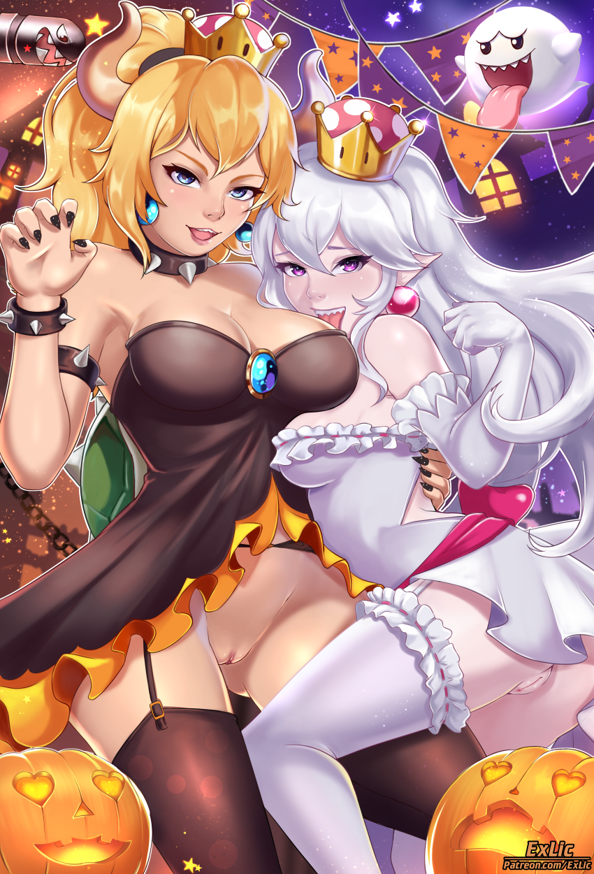 2019 5_fingers alternate_species animal_humanoid armwear banzai_bill blonde_hair blue_eyes boo_(mario) bowser bowsette_meme bracelet breasts cleavage clothed clothing collar colored_nails crown duo ear_piercing elbow_gloves exlic female fingers gloves hair handwear hi_res horn humanoid humanoid_pointy_ears humanoidized jack-o'-lantern jewelry legwear long_hair looking_at_viewer mario_bros nails nintendo open_mouth piercing purple_eyes pussy scalie spiked_bracelet spiked_collar spikes super_crown thigh_highs tongue tongue_out video_games white_hair