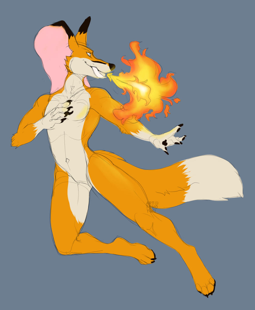 anthro big_tail breath_powers canid canine elephant elephantid fire fire_breathing fox fur hi_res hybrid male mammal nude paws pholidine porcupine proboscidean rodent simple_background solo tomocreations tripwire_(character) tusks