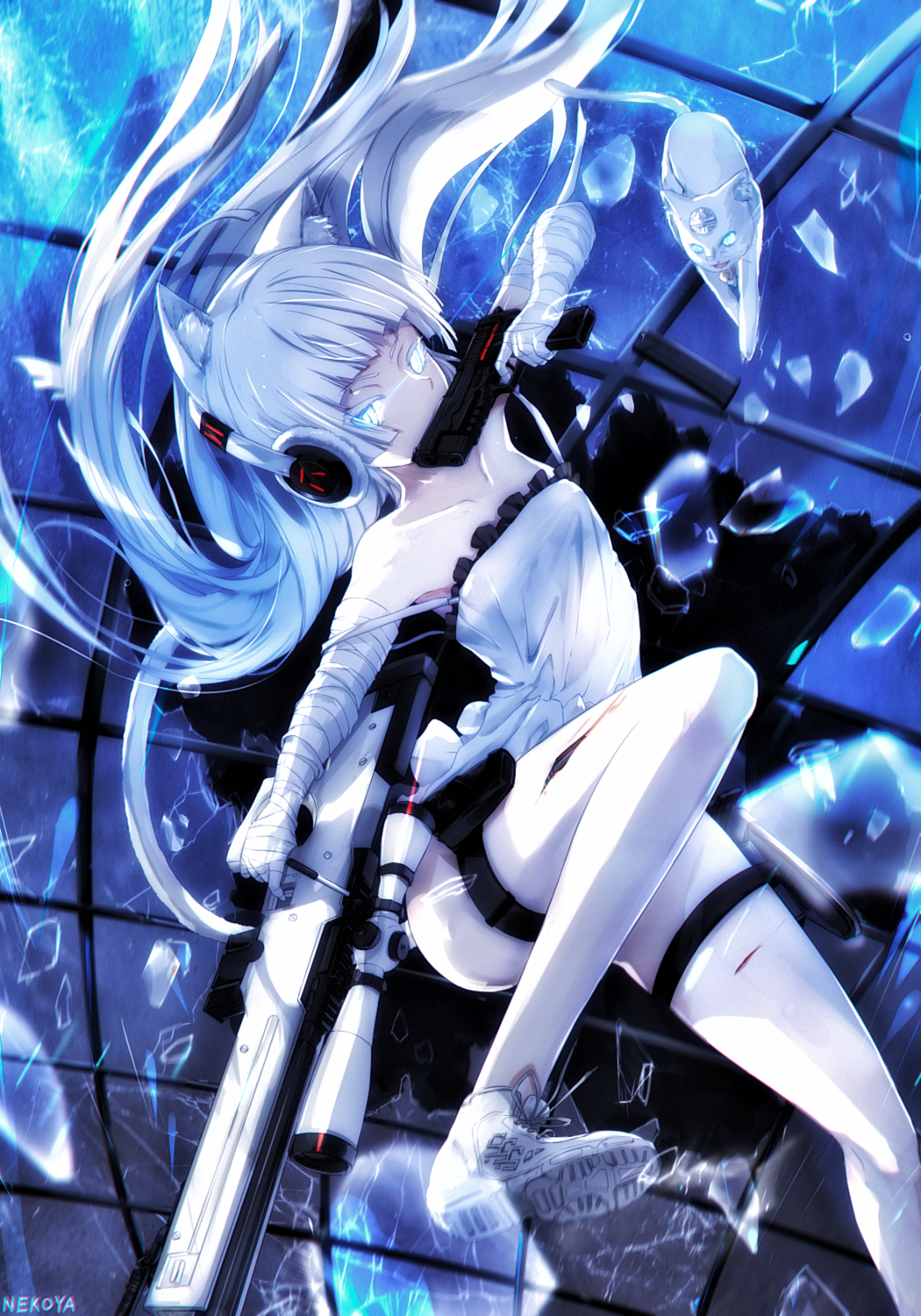 1girl action ai_arctic_warfare animal animal_ear_fluff animal_ears awp_(girls_frontline)_(dyolf) bandaged_arm bandages bare_shoulders blue_eyes bolt_action broken_glass cat cat_ears collarbone colored_eyelashes commentary_request covered_mouth dress dyolf finger_on_trigger floating_hair frilled_dress frills girls_frontline glass glowing glowing_eyes gun handgun headphones highres holding holding_gun holding_weapon indoors injury long_hair looking_at_viewer magazine_(weapon) night original pistol revision rifle shoe_soles shoes short_dress sig_sauer sig_sauer_p220 signature sniper_rifle sniper_scope solo strapless strapless_dress thigh_strap very_long_hair weapon weapon_request white_cat white_dress white_footwear white_hair