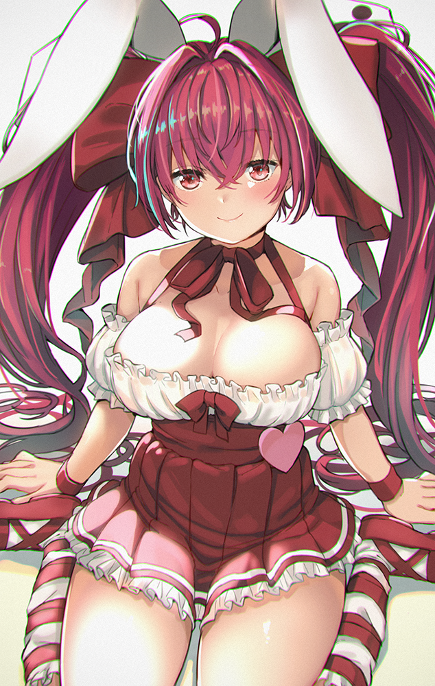 1girl animal_ears bangs bare_shoulders blush breasts bunny_ears choker cleavage collarbone commentary_request detached_sleeves di_gi_charat eyebrows_visible_through_hair frilled_skirt frilled_sleeves frills hair_intakes hair_ribbon haruken heart high-waist_skirt kneehighs large_breasts long_hair looking_at_viewer neck_ribbon pink_hair puffy_short_sleeves puffy_sleeves red_eyes red_footwear red_neckwear red_skirt ribbon ribbon_choker short_sleeves sitting skirt smile solo striped striped_legwear thighs twintails usada_hikaru very_long_hair wariza white_legwear