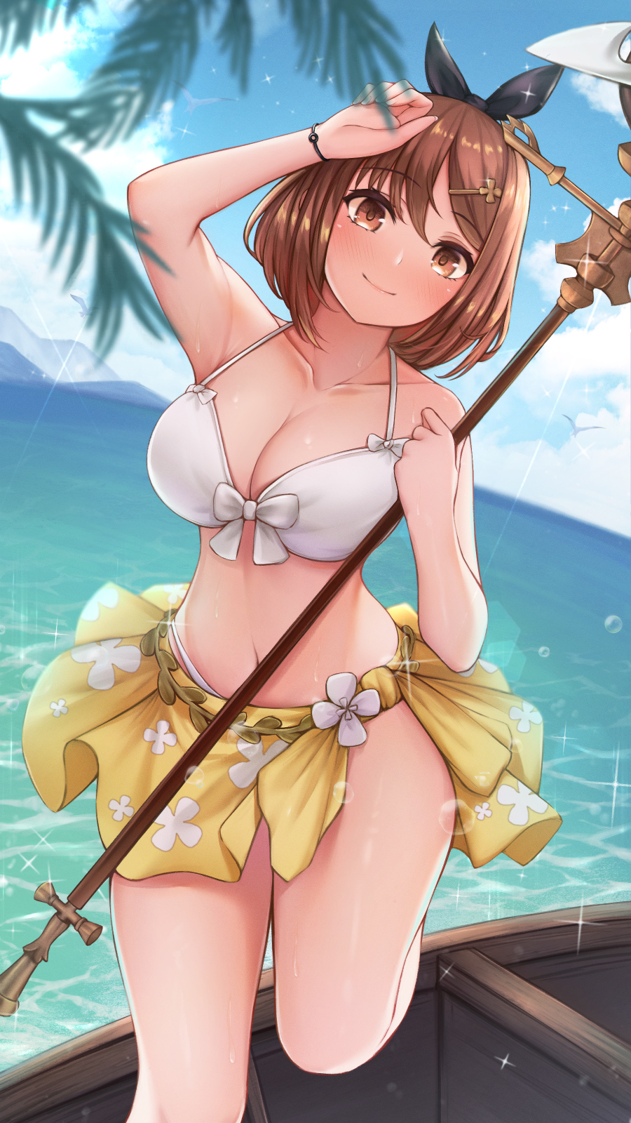 atelier_(series) atelier_ryza bikini black_ribbon blue_sky boat breasts brown_eyes brown_hair cleavage cloud commentary_request day dutch_angle feet_out_of_frame fou_zi hair_ribbon highres holding holding_staff large_breasts mountainous_horizon navel ocean palms reisalin_stout revision ribbon sarong short_hair sky smile staff swimsuit thighs watercraft white_bikini