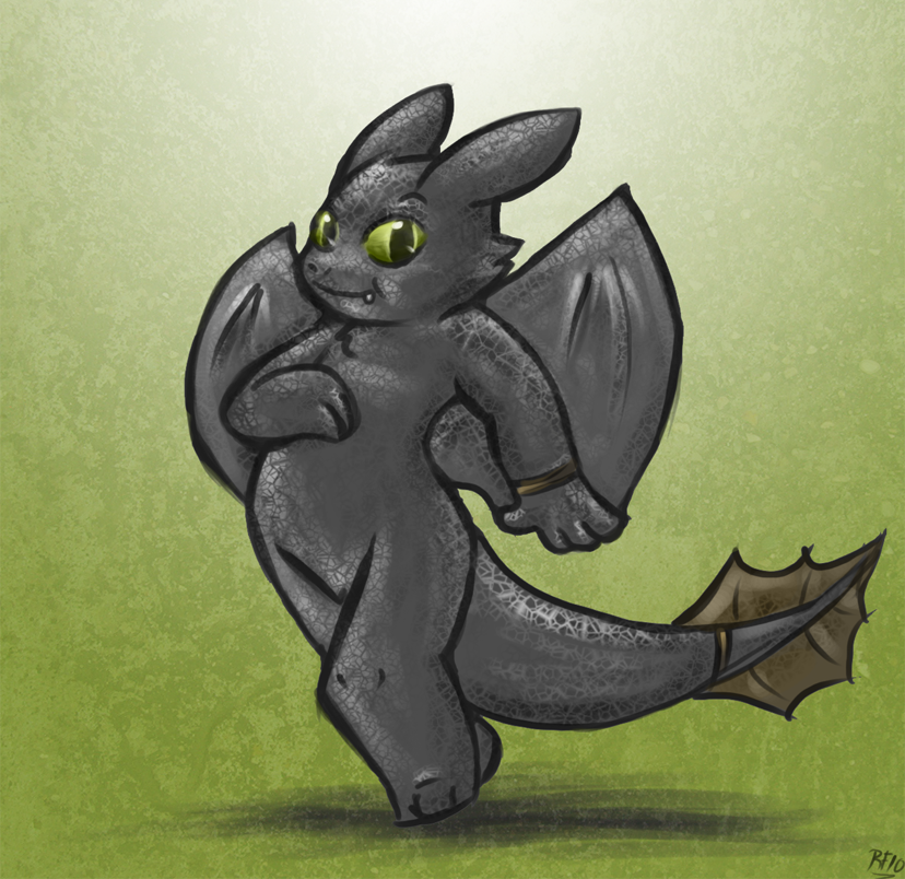 2010 4_fingers anthro anthrofied cute_fangs dragon dreamworks featureless_crotch fingers green_background green_eyes how_to_train_your_dragon looking_at_viewer male night_fury rousefox scalie simple_background solo source_request toothless western_dragon