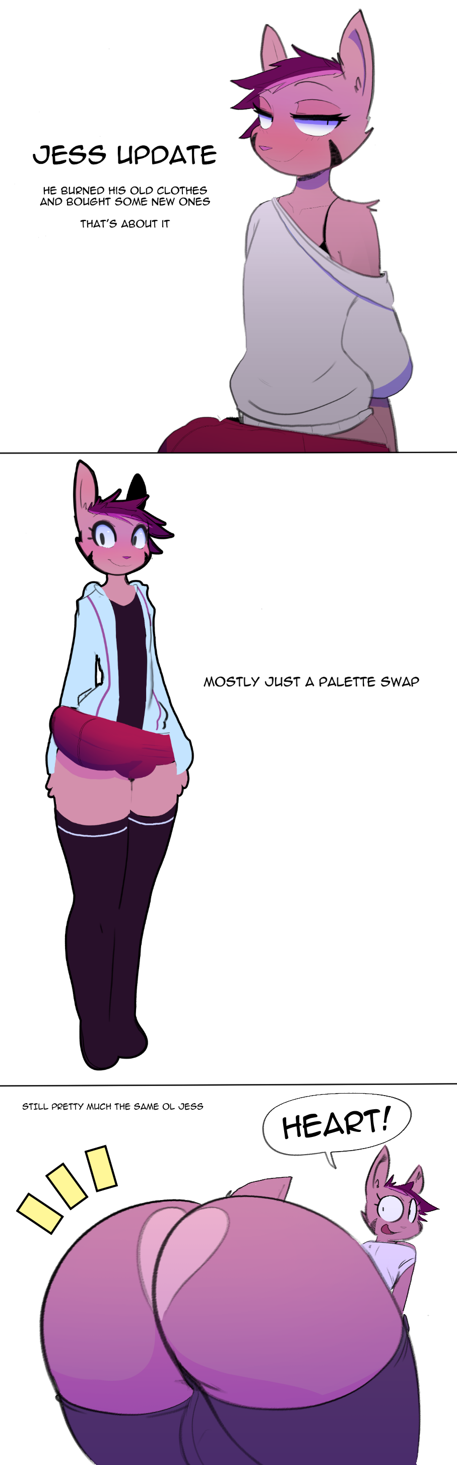2019 absurd_res anthro backsack balls big_butt big_penis blush bottomwear bra bulge butt butt_focus butt_heart butt_shot capdocks clothed clothing crossdressing dialogue english_text girly hair hi_res hoodie huge_butt huge_penis jess_(capdocks) leggings legwear male penis penis_outline pink_hair shorts simple_background solo stockings text topwear underwear unknown_species white_background