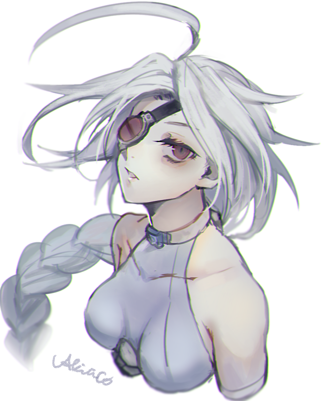 1girl ahoge akilico backless_outfit bare_shoulders blazblue bodysuit braid breasts collar empty_eyes eyepatch huge_ahoge long_hair nu-13 red_eyes sideboob silver_hair single_braid solo