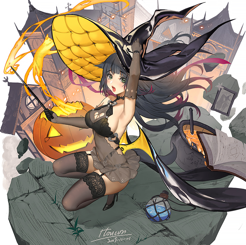 1girl arknights arm_up artist_name bangs black_gloves black_hair black_legwear blunt_bangs blush breasts cleavage collarbone dress elbow_gloves eyebrows_visible_through_hair fake_wings fang floating_hair full_body furrowed_eyebrows garter_belt gloves green_eyes hat high_heels itoucon jessica_(arknights) lace lace-trimmed_legwear large_breasts lips lipstick long_hair looking_at_viewer makeup multicolored_hair open_mouth pink_hair pumpkin revealing_clothes see-through sharp_teeth short_dress sideboob signature sleeveless sleeveless_dress solo squatting surprised teeth thighhighs thighs two-tone_hair wand watch wings witch_hat