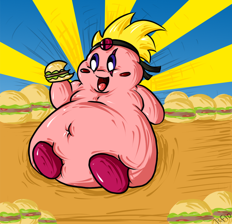 2010 burger eating food kirby kirby_(series) male mel navel nintendo overweight rousemouse solo video_games