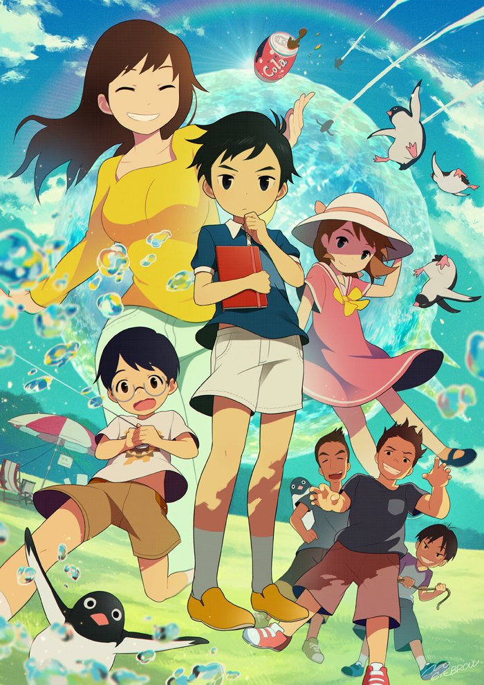 2girls 5boys :o aoyama-kun_(penguin_highway) bird black_eyes blue_eyes blue_footwear blue_sky book brown_hair brown_shorts bubble can chair closed_eyes cloud cola day dress facing_viewer glasses grass hamamoto-san_(penguin_highway) hands_up hat holding holding_book multiple_boys multiple_girls noeyebrow_(mauve) notebook onee-san_(penguin_highway) open_mouth outdoors parasol penguin penguin_highway pink_dress pink_skirt pocket polo_shirt rainbow red_footwear seagull shirt shoes short_sleeves shorts skirt sky smile sneakers socks soda_can standing sun_hat suzuki-kun_(penguin_highway) t-shirt uchida-kun_(penguin_highway) umbrella water white_legwear yellow_footwear yellow_neckwear yellow_shirt